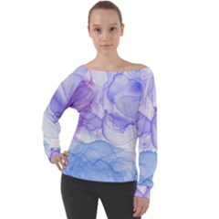 Purple And Blue Alcohol Ink  Off Shoulder Long Sleeve Velour Top by Dazzleway