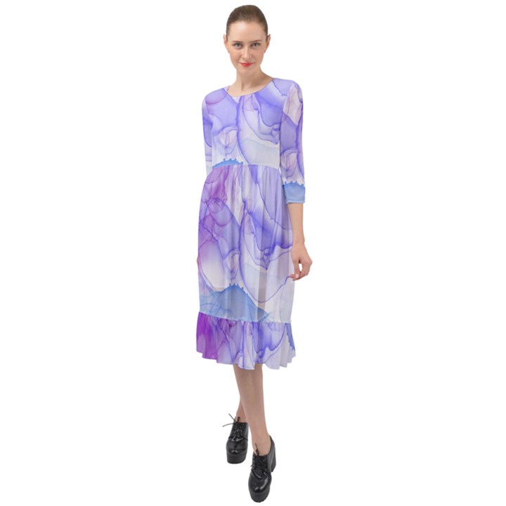 Purple and blue alcohol ink  Ruffle End Midi Chiffon Dress