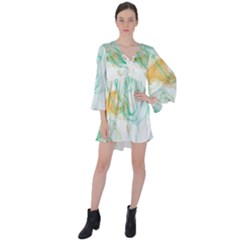 Green And Orange Alcohol Ink V-neck Flare Sleeve Mini Dress by Dazzleway