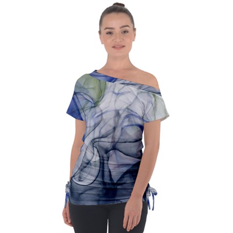 Blue Alcohol Ink Off Shoulder Tie-up Tee by Dazzleway