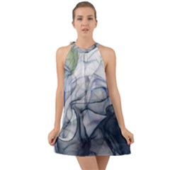 Blue Alcohol Ink Halter Tie Back Chiffon Dress by Dazzleway