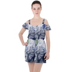 Blue Alcohol Ink Ruffle Cut Out Chiffon Playsuit by Dazzleway