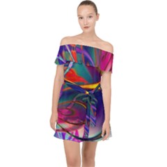 Colorful Rainbow Modern Paint Pattern 13 Off Shoulder Chiffon Dress by DinkovaArt