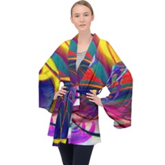 Colorful Rainbow Modern Paint Pattern 13 Long Sleeve Velvet Kimono  by DinkovaArt