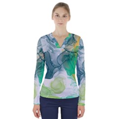 Orange And Green Alcohol Ink  V-neck Long Sleeve Top by Dazzleway