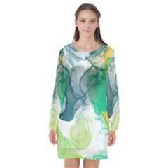 Orange And Green Alcohol Ink  Long Sleeve Chiffon Shift Dress  by Dazzleway