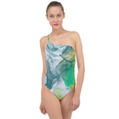 Orange And Green Alcohol Ink  Classic One Shoulder Swimsuit by Dazzleway