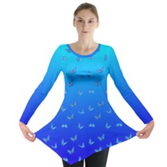 Butterflies At Blue, Two Color Tone Gradient Long Sleeve Tunic  by Casemiro