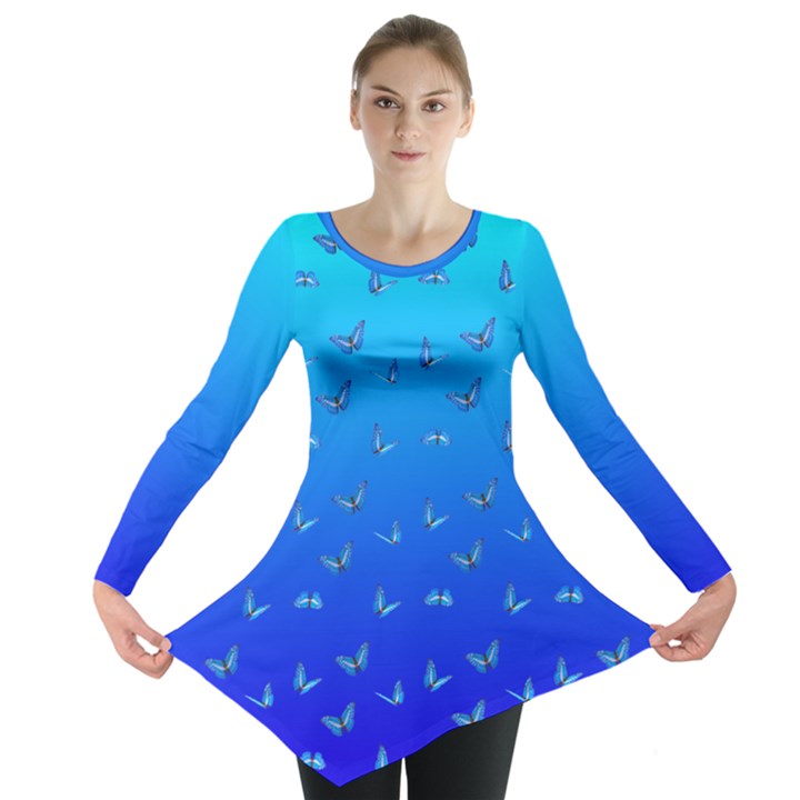 Butterflies at blue, two color tone gradient Long Sleeve Tunic 