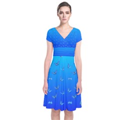 Butterflies At Blue, Two Color Tone Gradient Short Sleeve Front Wrap Dress by Casemiro