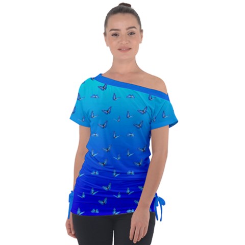 Butterflies At Blue, Two Color Tone Gradient Off Shoulder Tie-up Tee by Casemiro