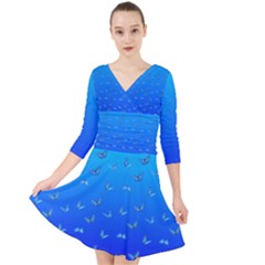 Butterflies At Blue, Two Color Tone Gradient Quarter Sleeve Front Wrap Dress by Casemiro