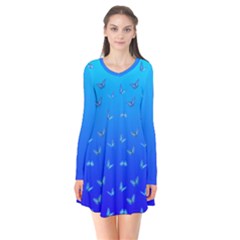 Butterflies At Blue, Two Color Tone Gradient Long Sleeve V-neck Flare Dress