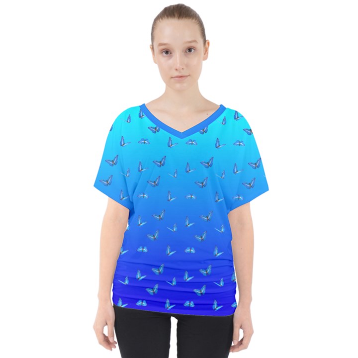 Butterflies at blue, two color tone gradient V-Neck Dolman Drape Top