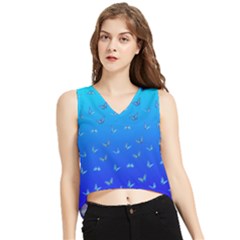 Butterflies At Blue, Two Color Tone Gradient V-neck Cropped Tank Top by Casemiro