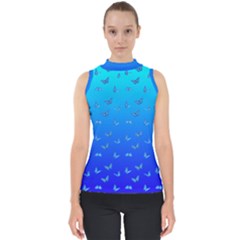 Butterflies At Blue, Two Color Tone Gradient Mock Neck Shell Top by Casemiro