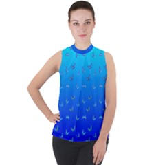 Butterflies At Blue, Two Color Tone Gradient Mock Neck Chiffon Sleeveless Top by Casemiro