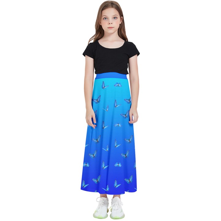 Butterflies at blue, two color tone gradient Kids  Flared Maxi Skirt