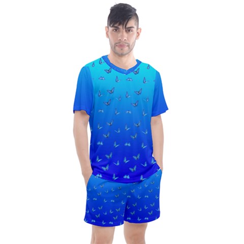 Butterflies At Blue, Two Color Tone Gradient Men s Mesh Tee And Shorts Set by Casemiro