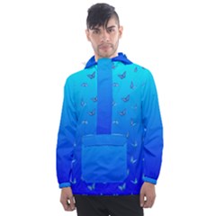 Butterflies At Blue, Two Color Tone Gradient Men s Front Pocket Pullover Windbreaker by Casemiro