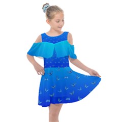 Butterflies At Blue, Two Color Tone Gradient Kids  Shoulder Cutout Chiffon Dress by Casemiro