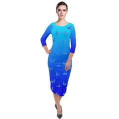 Butterflies At Blue, Two Color Tone Gradient Quarter Sleeve Midi Velour Bodycon Dress by Casemiro