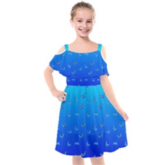 Butterflies At Blue, Two Color Tone Gradient Kids  Cut Out Shoulders Chiffon Dress