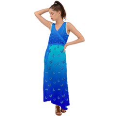 Butterflies At Blue, Two Color Tone Gradient V-neck Chiffon Maxi Dress by Casemiro