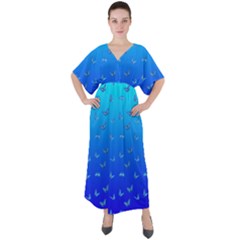 Butterflies At Blue, Two Color Tone Gradient V-neck Boho Style Maxi Dress by Casemiro