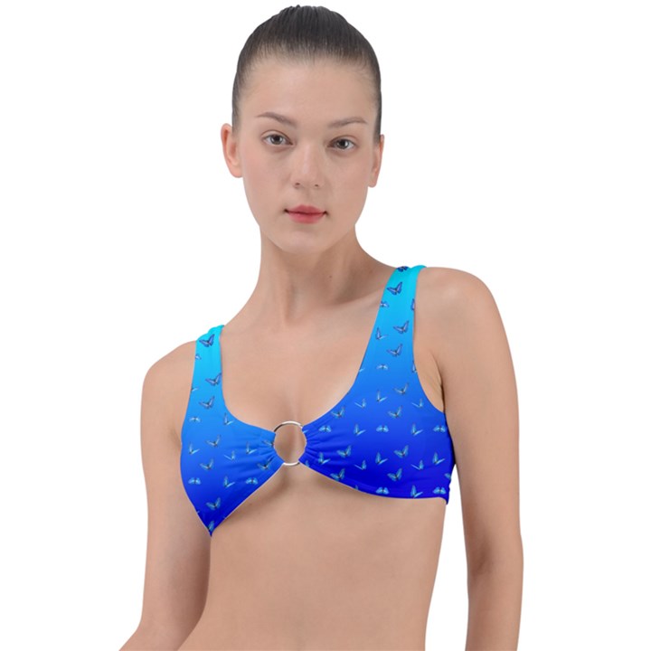 Butterflies at blue, two color tone gradient Ring Detail Bikini Top