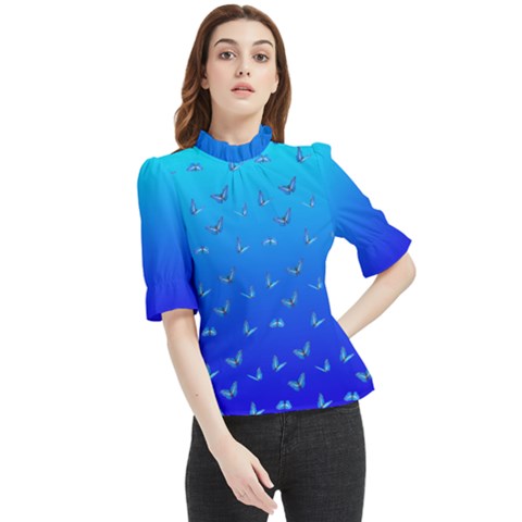 Butterflies At Blue, Two Color Tone Gradient Frill Neck Blouse by Casemiro