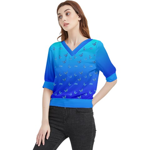 Butterflies At Blue, Two Color Tone Gradient Quarter Sleeve Blouse by Casemiro