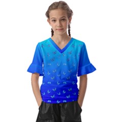 Butterflies At Blue, Two Color Tone Gradient Kids  V-neck Horn Sleeve Blouse by Casemiro