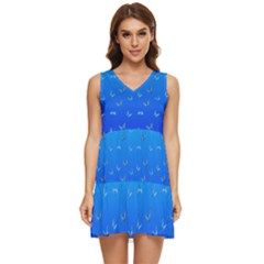 Butterflies At Blue, Two Color Tone Gradient Tiered Sleeveless Mini Dress