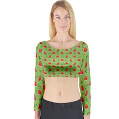 Juicy Slices Of Watermelon On A Green Background Long Sleeve Crop Top by SychEva