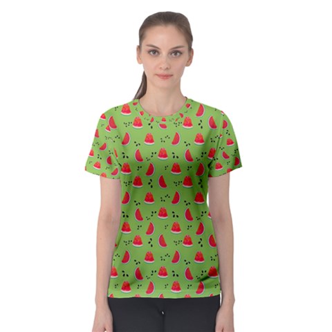 Juicy Slices Of Watermelon On A Green Background Women s Sport Mesh Tee by SychEva