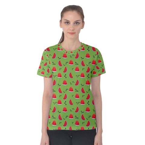 Juicy Slices Of Watermelon On A Green Background Women s Cotton Tee by SychEva