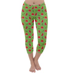 Juicy Slices Of Watermelon On A Green Background Capri Winter Leggings  by SychEva