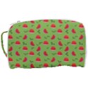 Juicy Slices Of Watermelon On A Green Background Toiletries Pouch View3