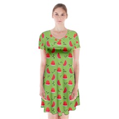 Juicy Slices Of Watermelon On A Green Background Short Sleeve V-neck Flare Dress by SychEva