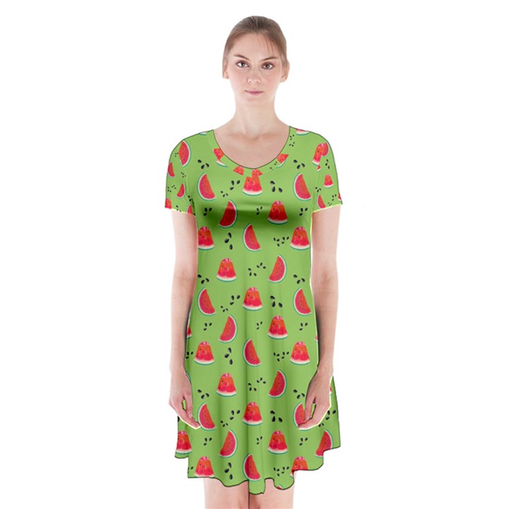 Juicy Slices Of Watermelon On A Green Background Short Sleeve V-neck Flare Dress