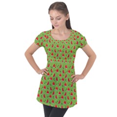 Juicy Slices Of Watermelon On A Green Background Puff Sleeve Tunic Top by SychEva