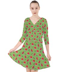 Juicy Slices Of Watermelon On A Green Background Quarter Sleeve Front Wrap Dress by SychEva