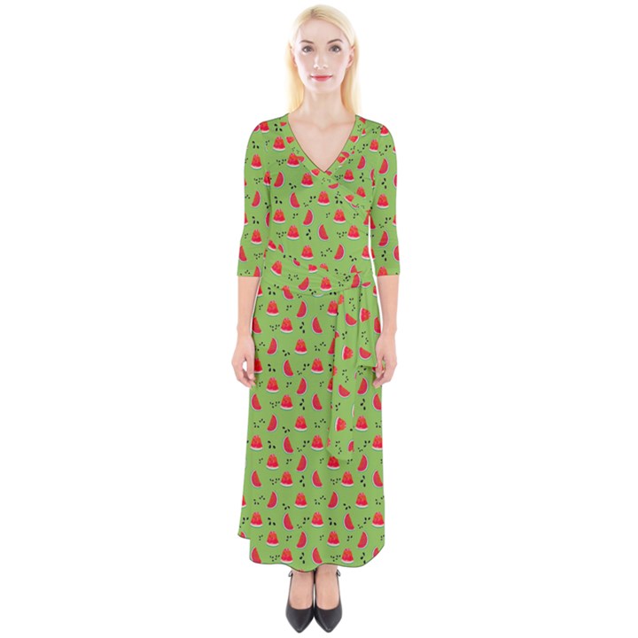 Juicy Slices Of Watermelon On A Green Background Quarter Sleeve Wrap Maxi Dress