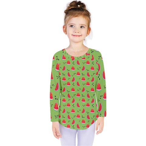 Juicy Slices Of Watermelon On A Green Background Kids  Long Sleeve Tee by SychEva