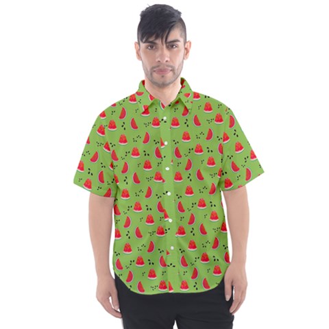 Juicy Slices Of Watermelon On A Green Background Men s Short Sleeve Shirt by SychEva