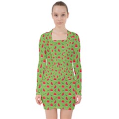 Juicy Slices Of Watermelon On A Green Background V-neck Bodycon Long Sleeve Dress by SychEva