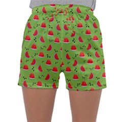 Juicy Slices Of Watermelon On A Green Background Sleepwear Shorts by SychEva