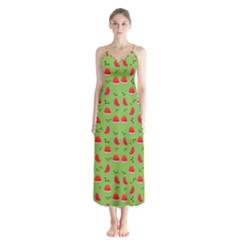 Juicy Slices Of Watermelon On A Green Background Button Up Chiffon Maxi Dress by SychEva