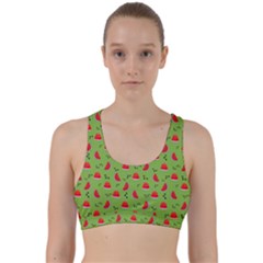 Juicy Slices Of Watermelon On A Green Background Back Weave Sports Bra by SychEva